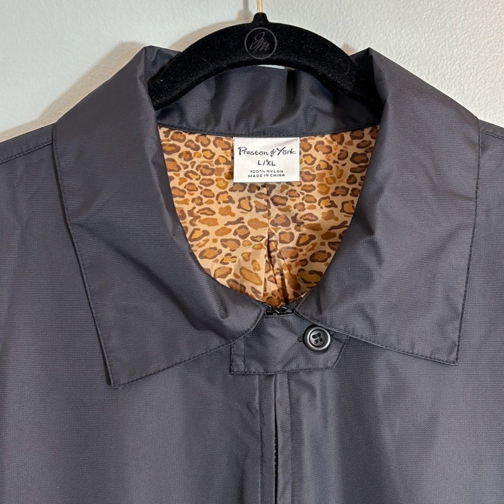 Preston & York Black zip Poncho Raincoat Wrap cape leopard lining pockets M/L - Picture 2 of 12